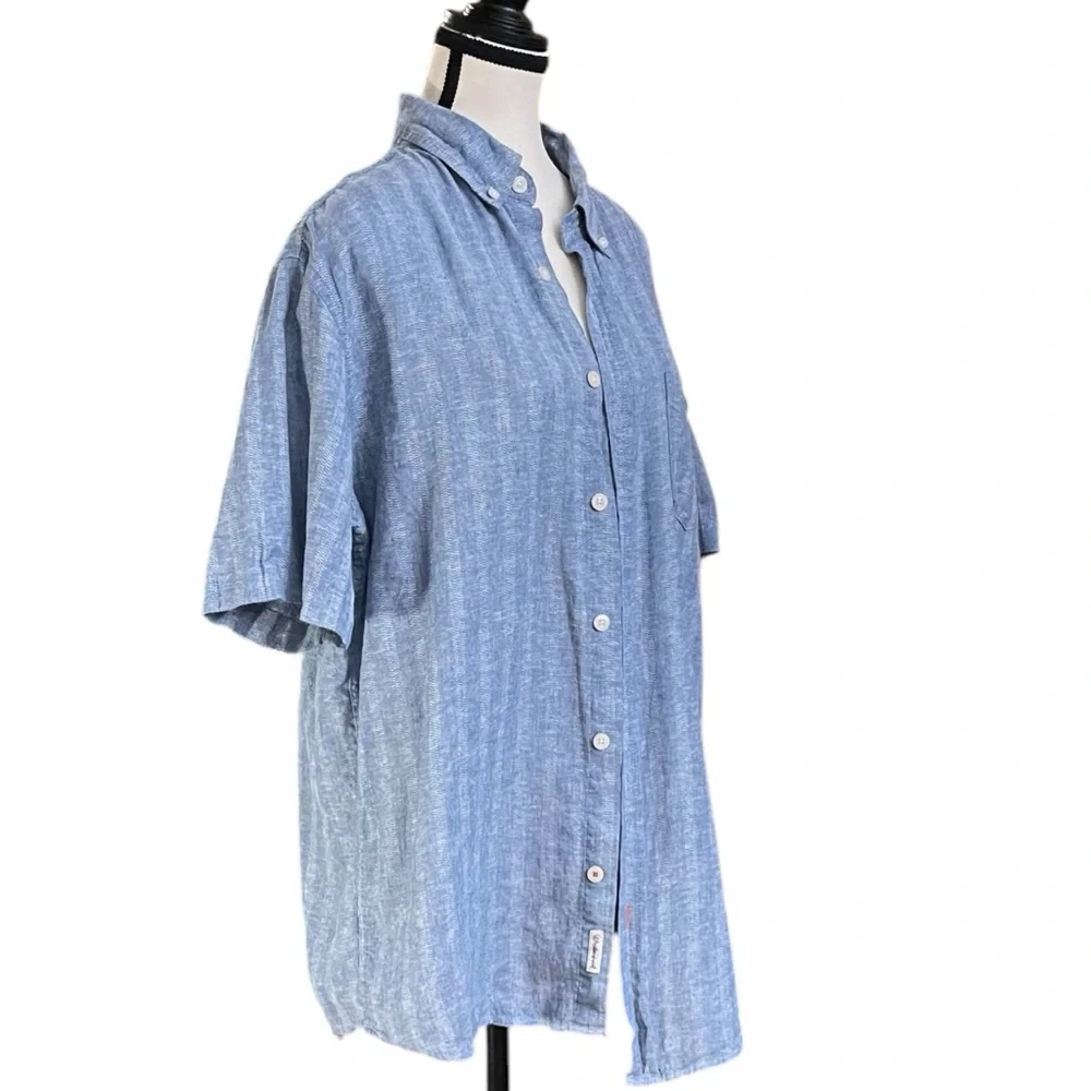 Weatherproof Vintage Blue Linen Blend Short Sleeve Button-Up Casual Shirt